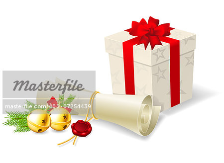 Christmas card with paper scroll wishlist, gift and bells