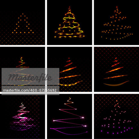 Christmas vector set glowing Christmas tree and snowflakes on a black background