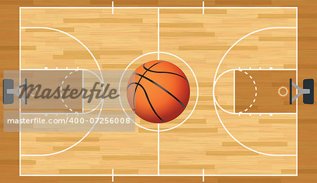 A realistic vector hardwood textured basketball court with basketball in the center court. EPS 10. File contains transparencies.