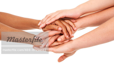 group of hands holding together on white isolated background