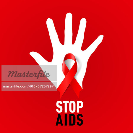 Stop AIDS sign: white hand with red ribbon on red background.