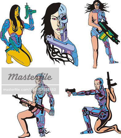 Women Cyborgs. Set of color vector illustrations. Biomechanics concept.