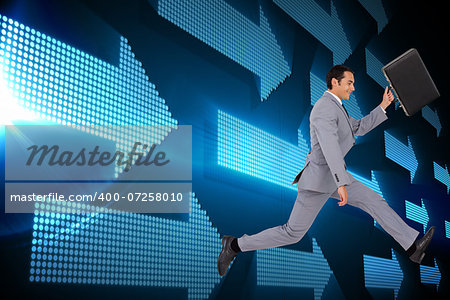 Composite image of businessman running with a suitcase against a white background