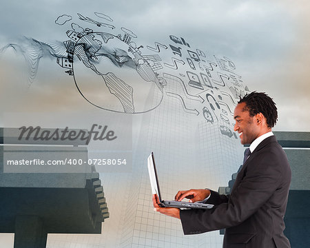 Composite image of smiling businessman working on laptop