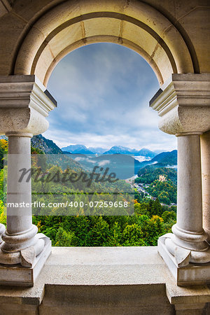 View from Neuschwanstein Castle in the Bavarian Alps of Germany.
