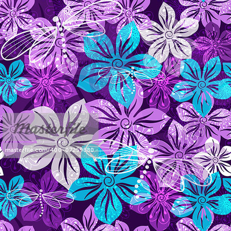 Seamless vivid floral spring pattern with translucent violet-blue-white flowers (vector EPS 10)