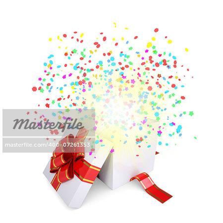 Asterisks fly from the open gift box. Christmas magic gift