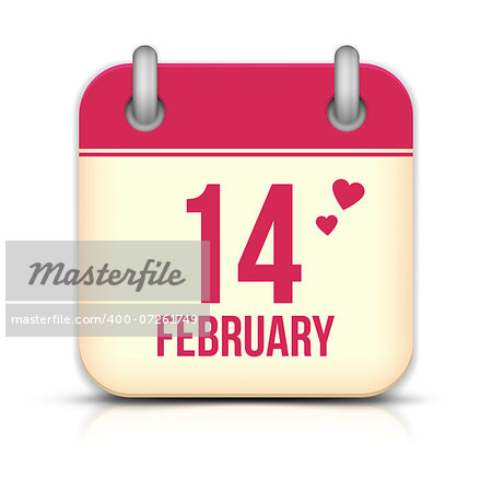 Valentines day calendar icon with reflection. 14 february