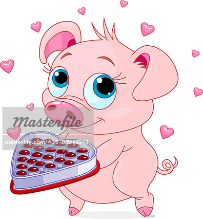 Cute little piglet holding a heart shape valentine box of chocolates