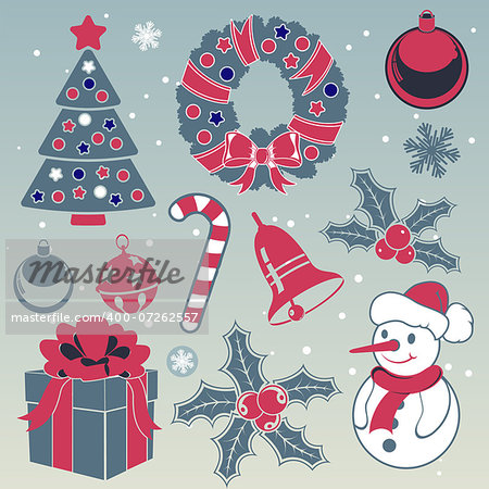 Set Christmas Icons in flat style and vintage colors with Tree, Snowman, Candy, Snowflake, vector