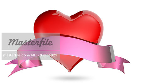 3d illustration symbolic red heart with ribbon on a white background