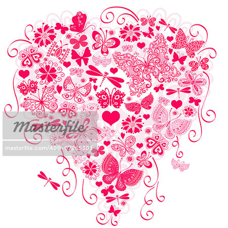 Valentine greeting pink card with big heart and butterflies isolated on white (vector)