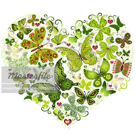 Big spring grunge heart made of green butterflies (vector)