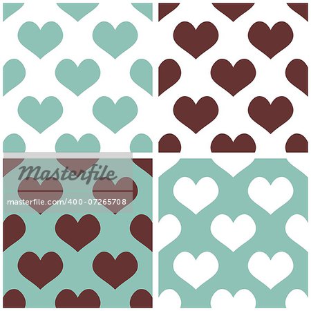 Seamless vector background set with hearts. Full of love pattern for valentines desktop wallpaper or website design in white, brown and hipster mint green color