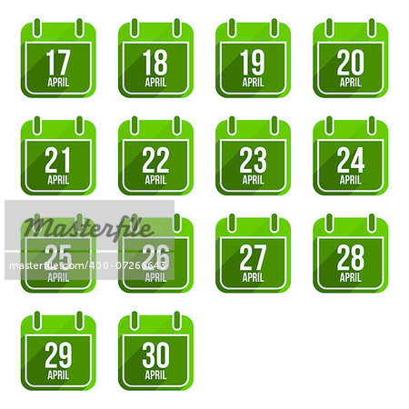 April vector flat calendar icons. Days Of Year Set 14