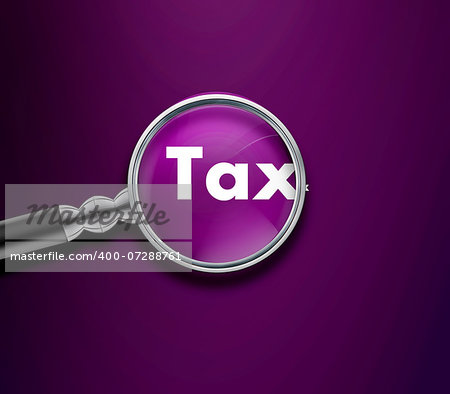 Magnifying glass with Tax word on Purble background.