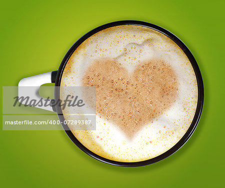coffee art, Valentine's Day, A cup of cappuccino with heart shape pattern in a cup on green background.