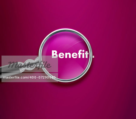 Magnifying glass with Benifits word on Pink background.