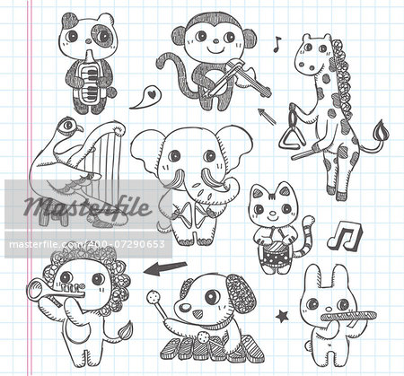 doodle animal music band icons set