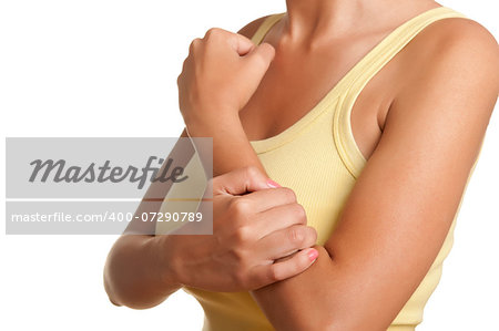 Female with pain in her forearm, isolated in a white background