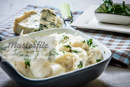 italian potato noodle with cheese sauce and basil