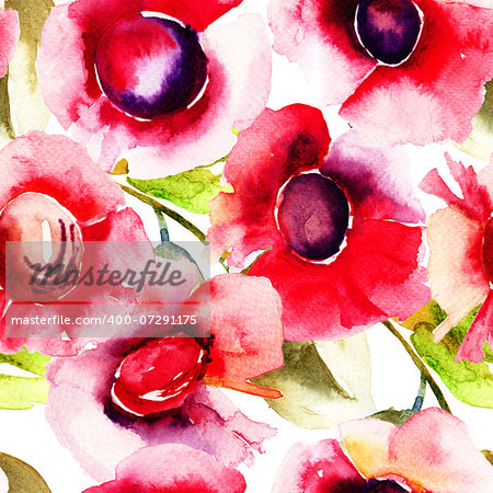 Seamless pattern with  Beautiful red flowers, Watercolor painting