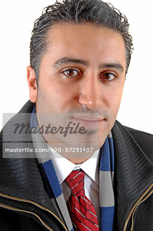 A portrait picture of a young good looking man in a red tie and black coat for white background.