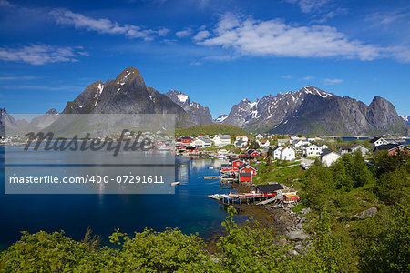 Picturesque town of Reine by the fjord on Lofoten islands in Norway, famous tourist destination