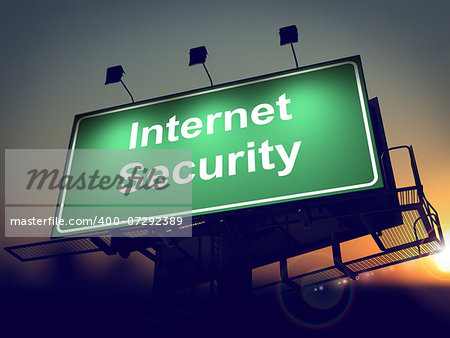 Internet Security - Green Billboard on the Rising Sun Background.