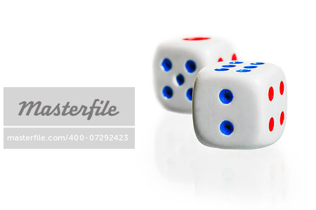 two white dice stand  on a white background