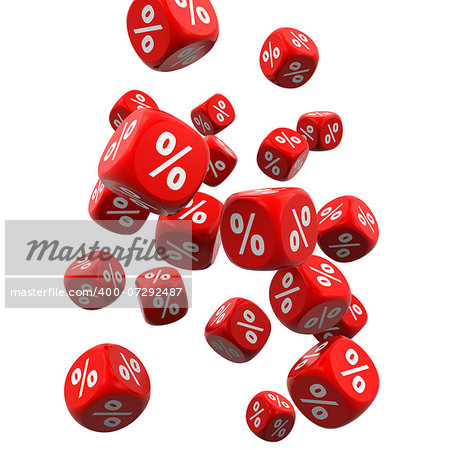 Falling percentage dice on the white background (3d render)