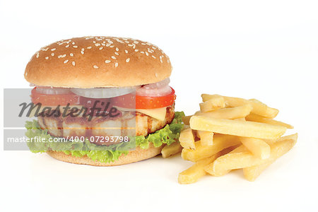 chicken burger and fries on white background