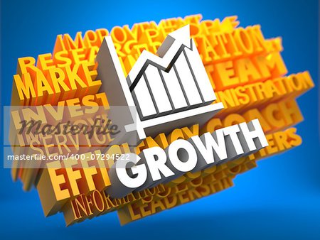 Growth with Growth Chart Icon on Yellow WordCloud on Blue Background.