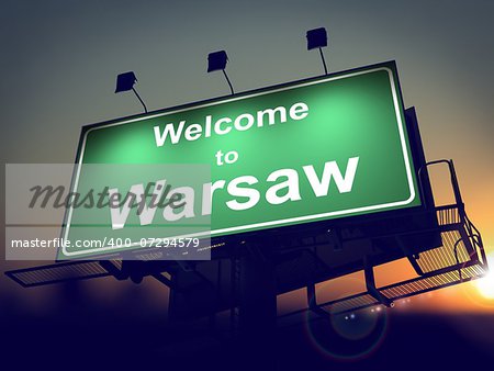 Welcome to Warsaw - Green Billboard on the Rising Sun Background.