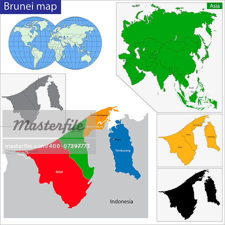 Map of Brunei with the provinces colored in bright colors