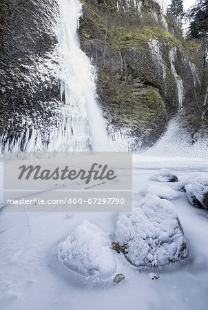 Horsetail Falls at Columbia River Gorge in Oregon Frozen in Winter Season Vertical