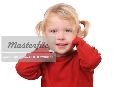 Portrait of a little girl covering her ears on white background