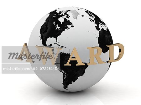 AWARD abstraction inscription around earth of gold letters on a white background