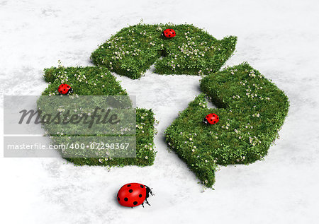 recycling symbol covered by grass and flowers with three ladybugs on it and a big one below it, all on a white and grey abstract ground