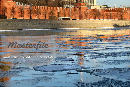 moscow river with ice movement at the Kremlin wall