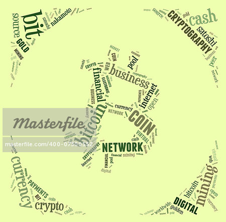 bitcoin logo word cloud with green wordings on green background