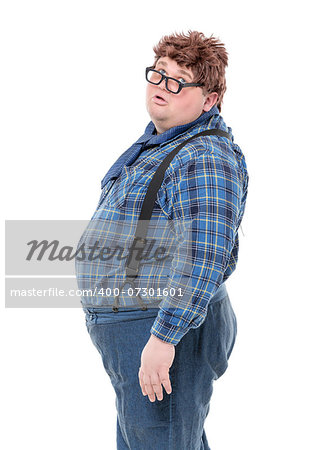 Overweight obese country yokel, on white background