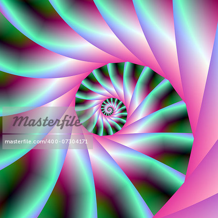 Digital abstract fractal images with a spiral step design in pink and green.