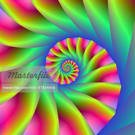 Digital abstract fractal image with psychedelic spiral design in blue yellow and pink.