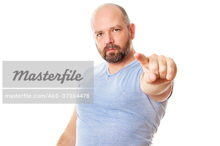 An image of a handsome man with a beard pointing to you