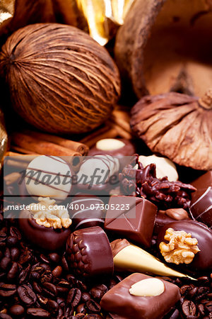 collection of different sweet chocolate pralines closeup background present sugar