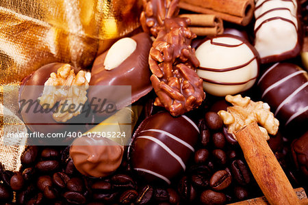 collection of different sweet chocolate pralines closeup background present sugar