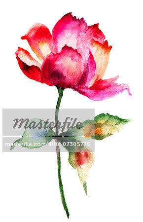 Decorative red flower, watercolor illustration
