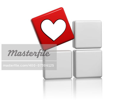 3d red cube with heart sign on grey boxes