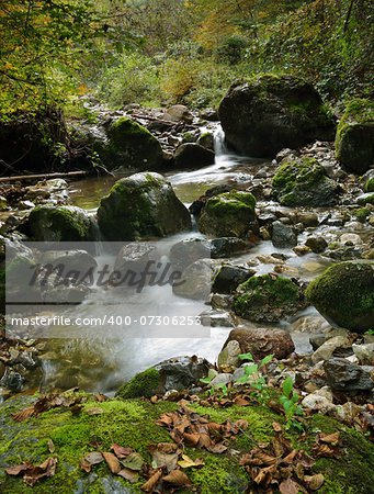 View on the small river between stones in forest